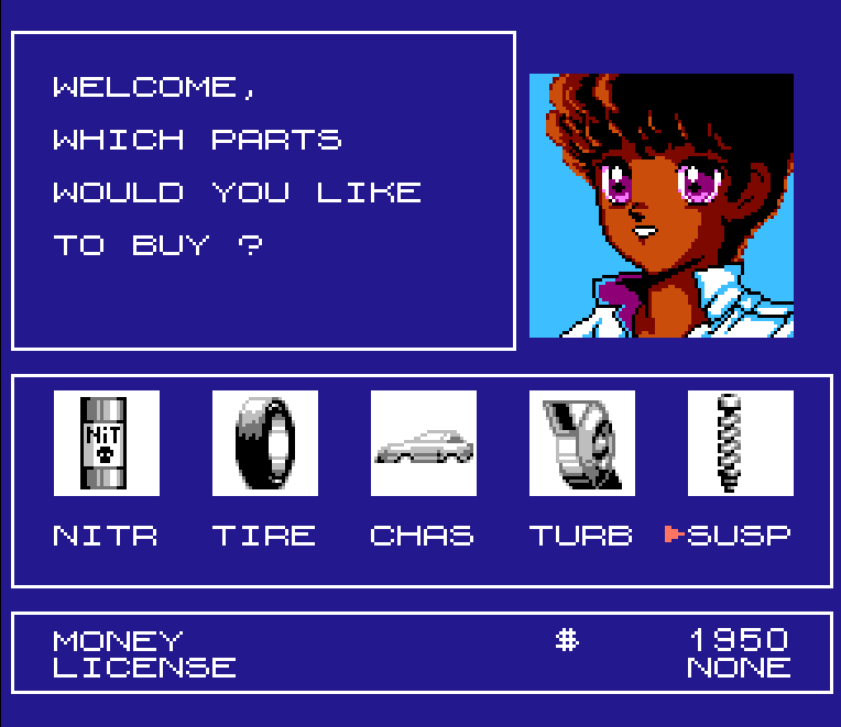 Retro 8-bit racing game shop menu featuring car parts like nitro, tires, and turbo with anime style character.