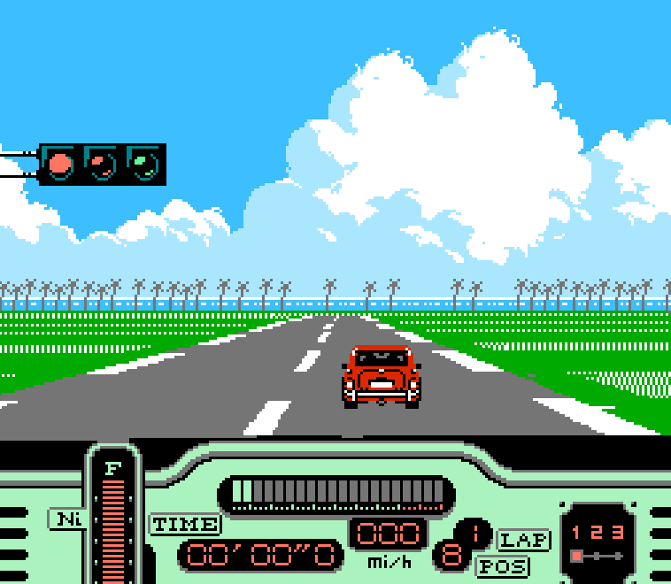 Retro 8-bit racing game screen featuring a red car on a highway with a tropical background.