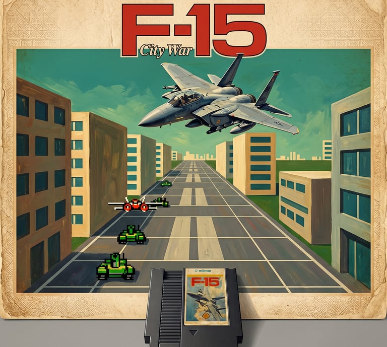 Vintage F-15 City War NES cartridge and box art showing a fighter jet flying over a pixelated city battle.