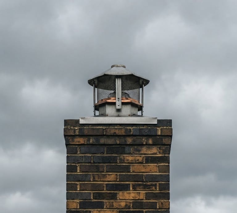 Sharp architectural shot of a clean chimney cap against an overcast New England sky, straight-on symmetrical framing, bright natural outdoor daylight, rich charcoal and warm amber tones, sharp focus, 35mm lens.