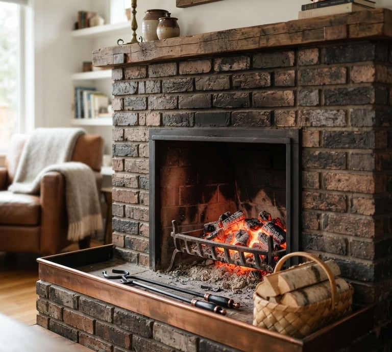 Portrait of a meticulously restored brick hearth, glowing embers, clean firebox, warm interior lighting, shallow depth of field, rich charcoal and copper tones.