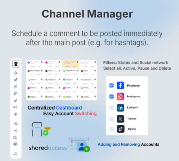 Channel manager dashboard for social media scheduling with icons for Facebook, Instagram, and LinkedIn.