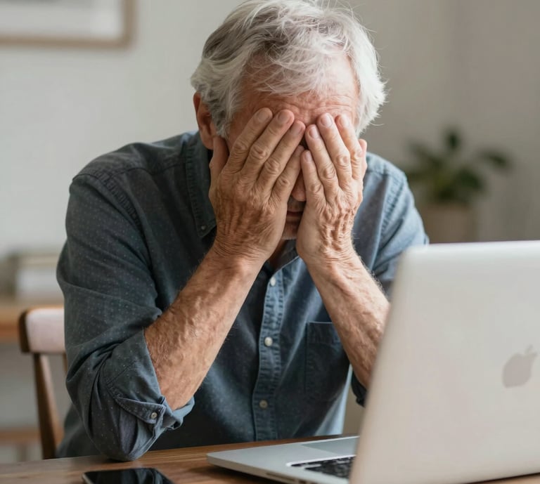 A friendly technician helping an elderly woman with her tablet in a cozy living room.
