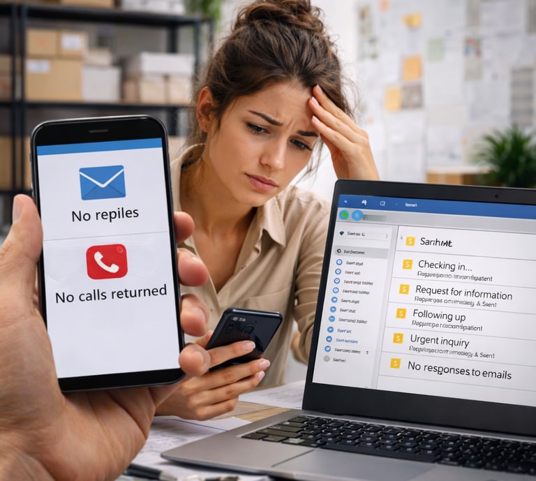 woman looking frustrated and worried because she's received no response to her emails and calls
