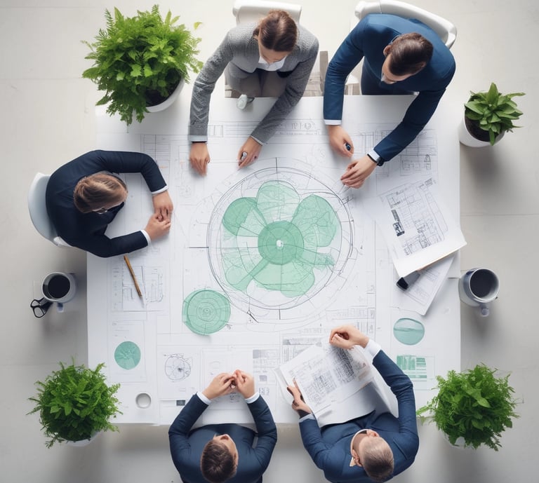 A vibrant factory scene where advanced low-carbon technologies are actively reducing emissions under a bright blue sky.