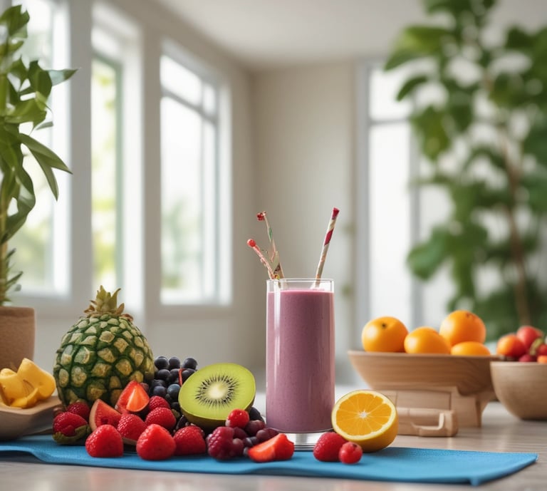 A cozy scene featuring a folded Thryve-Mind sweatshirt, a yoga mat rolled beside it, and a cooking apron hanging nearby.