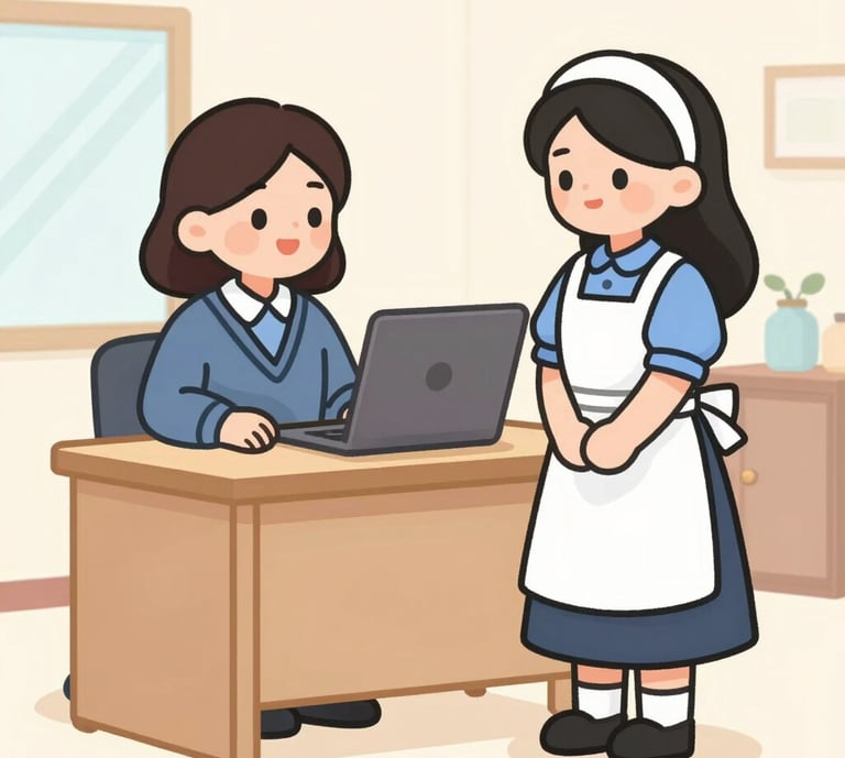 A smiling transfer maid helping a family in a cozy Singaporean home.