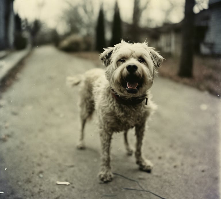 a dog is standing on the sidewalk