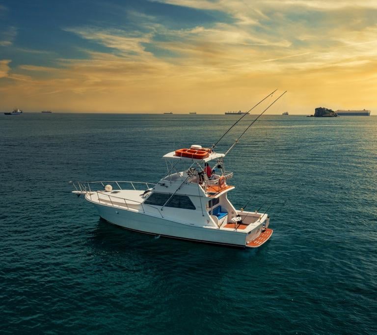 a boat with a fishing rod rod and a fishing rod