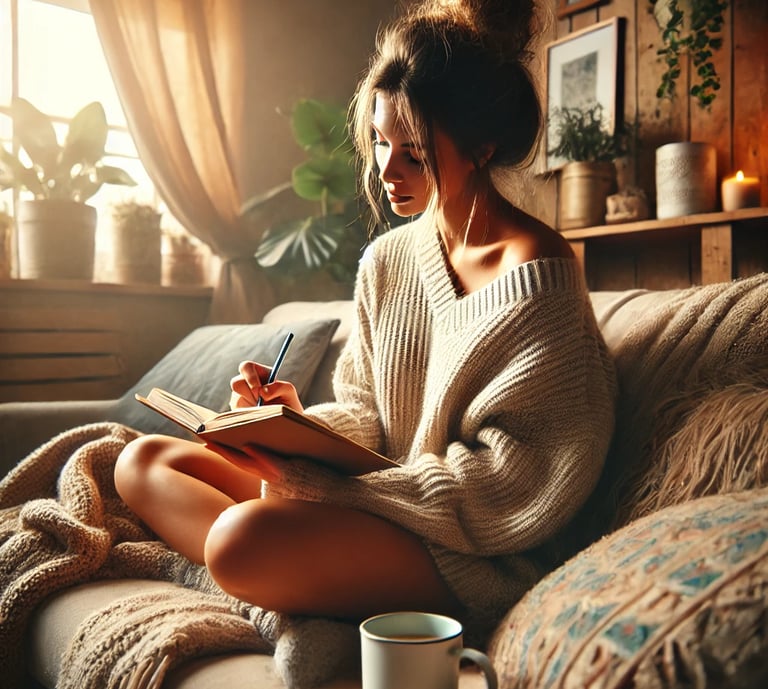 Woman journaling on couch with Verbose Publications wellness journal