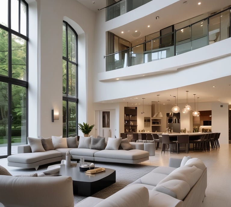 A well-organized home office with a white desk and chair, an ergonomic black chair on wheels, and a computer monitor and laptop. A tote bag hangs from the black chair. The desk is positioned against a wall with multiple wall-mounted shelves filled with books, files, and decorative items. To the right, there's a window with blinds partially open, letting in sunlight, and a wooden cabinet with a coffee machine and a framed poster. The wooden flooring and minimalistic decor create a warm and inviting atmosphere.