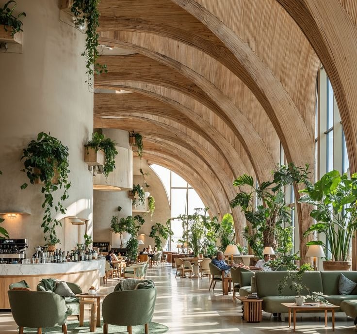 Luxury resort communal area featuring biophilic design and natural circadian lighting