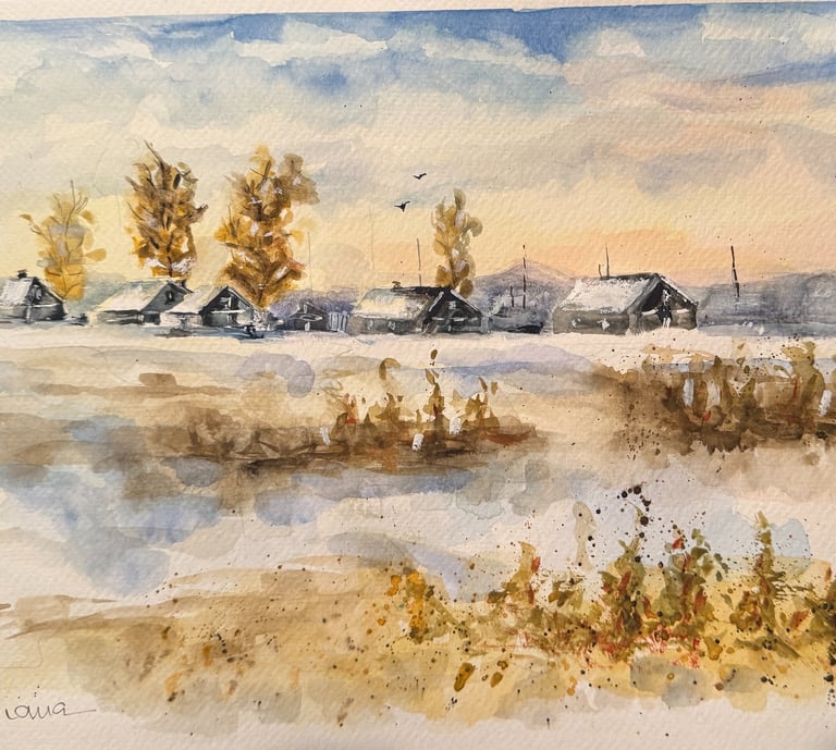 a watercolor painting of a snowy peaceful farm community. Art will get you with its