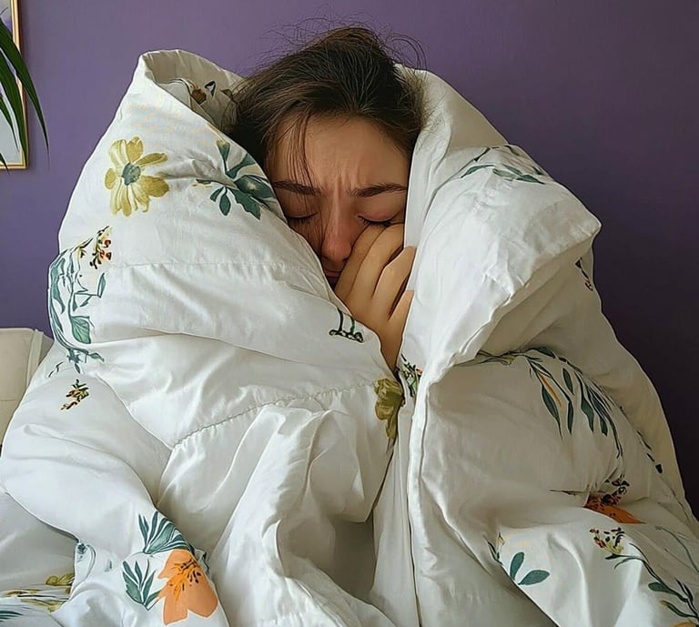 Fotografía de una adolescente cubierta de un edredón enferma 