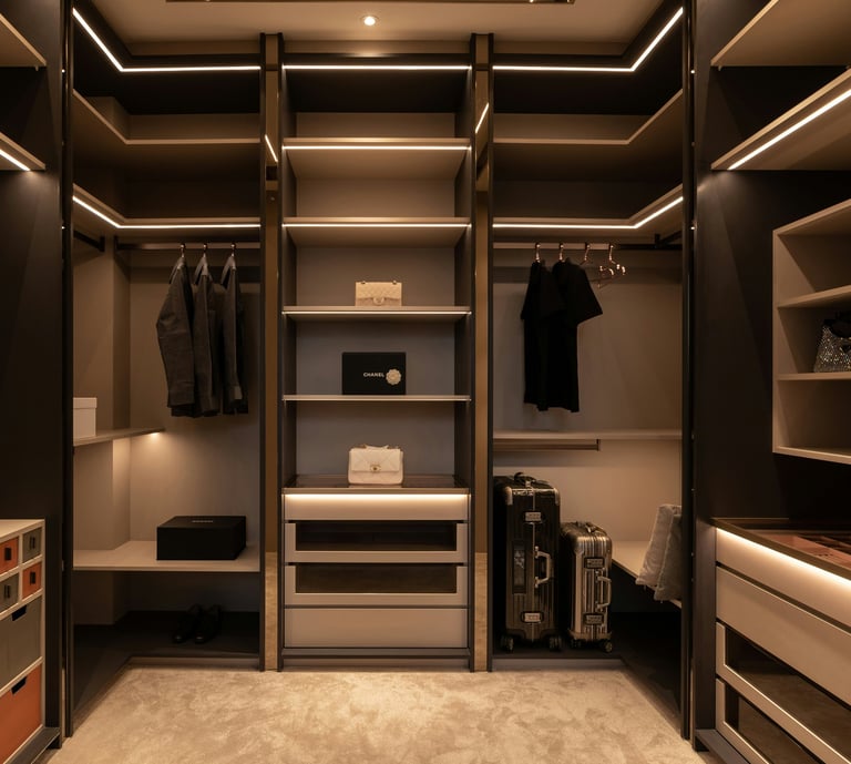 Luxury walk-in wardrobe with illuminated shelving and custom storage