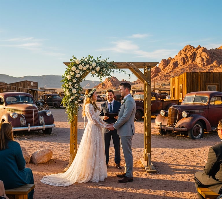 a bride and groom standing in front of a wedding ceremony