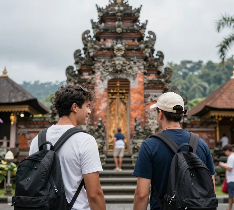 A smiling local driver welcoming guests beside a comfortable car in lush Ubud surroundings.