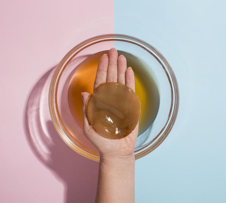 Una mano sosteniendo un SCOBY orgánico de kombucha sobre un recipiente de vidrio con líquido iniciad