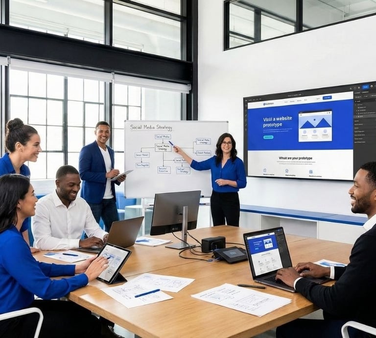 A creative team collaborating on web development and social media strategies in a bright office.