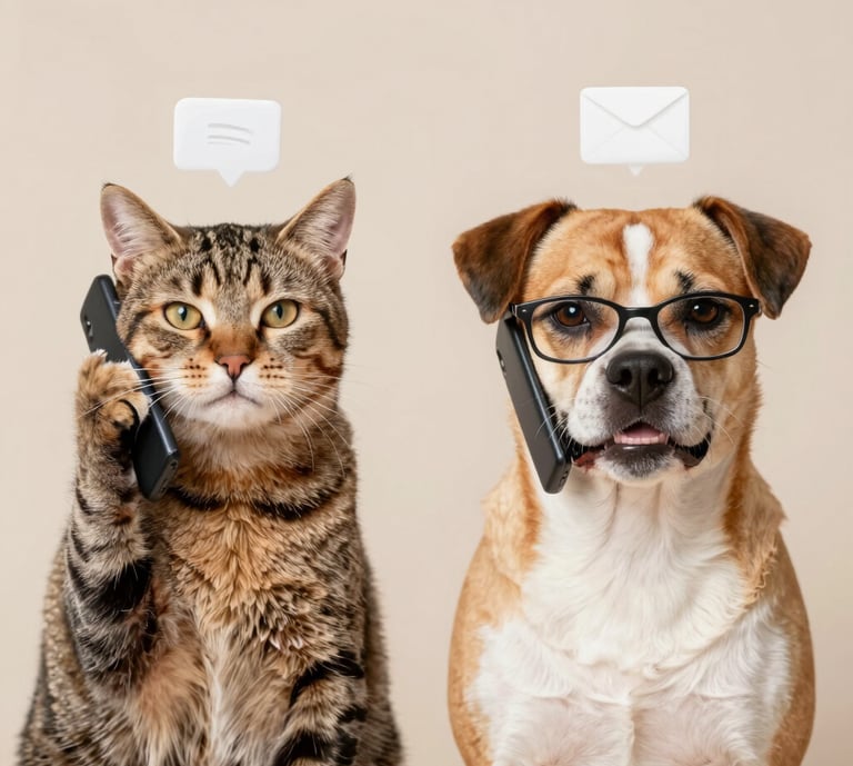 Un gato atigrado y un perro con gafas utilizan teléfonos inteligentes para comunicarse