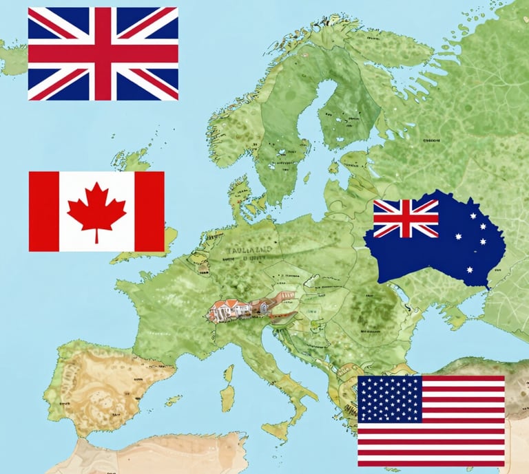 A vibrant collage showing iconic landmarks from the UK, USA, Canada, Australia, New Zealand, and Europe with students studying and exploring.