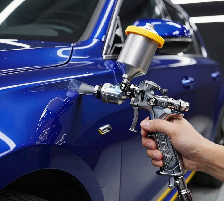 Dramatic close-up of a high-tech spray paint gun applying flawless deep metallic blue paint to a luxury car body under linear LED lights, sharp reflections, 35mm