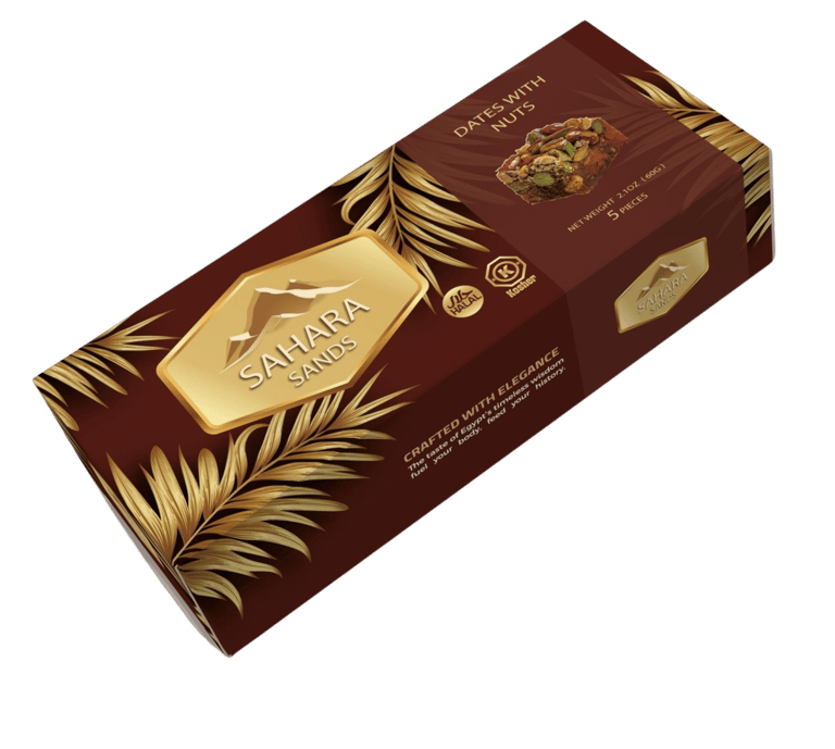 Sahara Sands premium stuffed dates with nuts in a luxury gold and brown gift box.