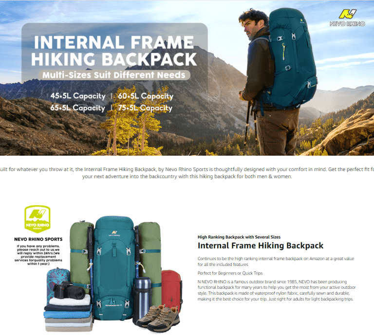 Close-up of the NEVO RHINO 50L hiking backpack on a mountain trail, highlighting its comfortable