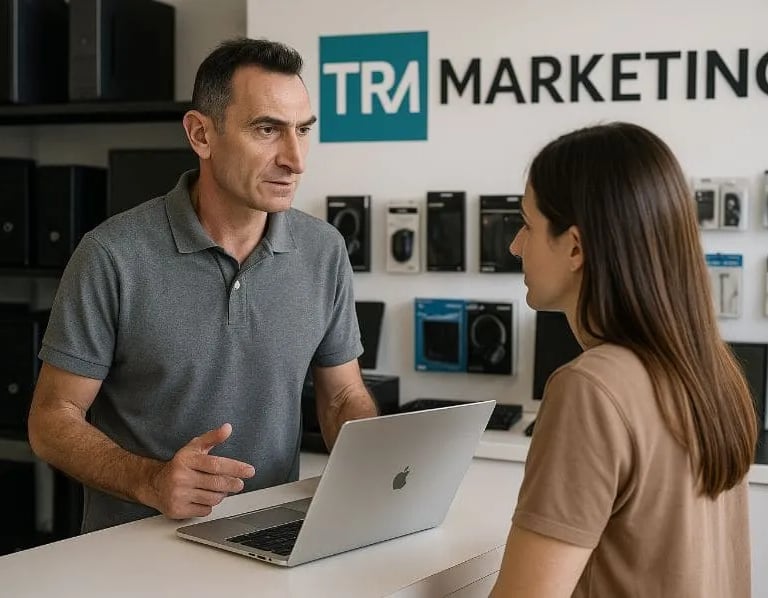 TRMarketing atendiendo a una clienta en la tienda de informática