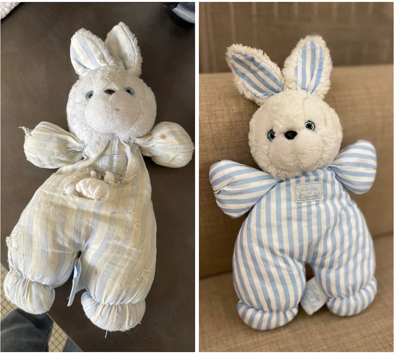 Réparation d'un doudou lapin bleu tartine et chocolat de plus de 30 ans par Mimidoudou and co Rouen