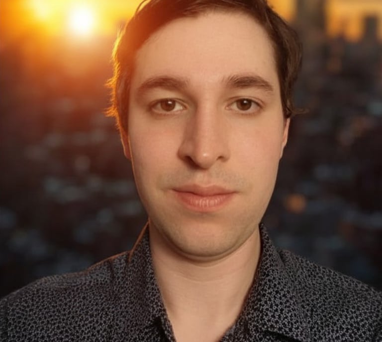 Professional portrait of a man in a collared shirt with a golden hour city sunset background.