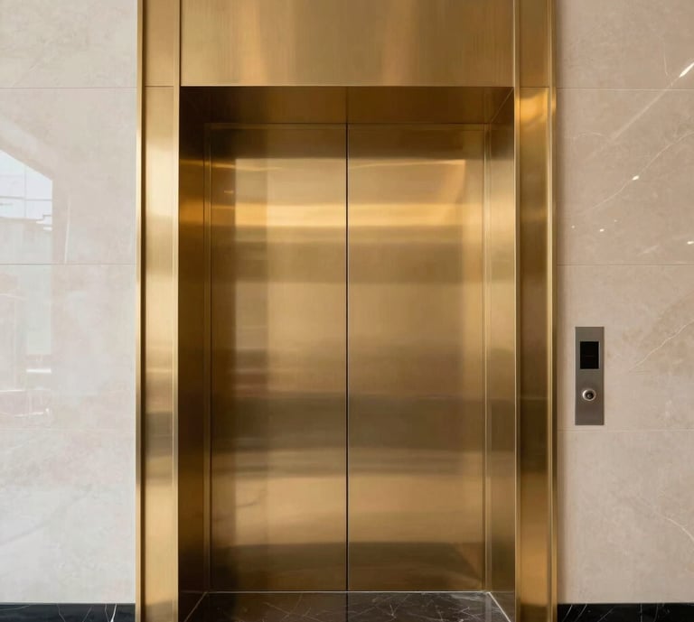 A low-angle, professional architectural photograph of a sleek, modern elevator entrance in a South Asian corporate headquarters. The doors are finished in polished gold, reflecting a minimalist lobby with black marble floors and soft, premium lighting. The composition is centered and symmetrical, projecting corporate reliability and precision.