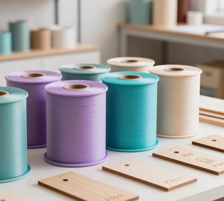 A beautiful display of environmentally-friendly materials in a bright Portuguese design studio. Biodegradable 3D printing spools in pastel lilac and turquoise, FSC-certified creative paper, and natural wooden blanks for laser engraving, soft diffused studio light, high-end lifestyle photography.