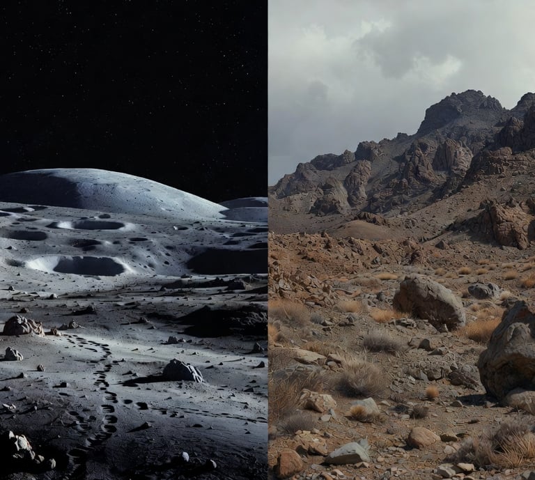 Split image. Moon landscape with footprints on left. Rocky, austere, earth landscape on right.