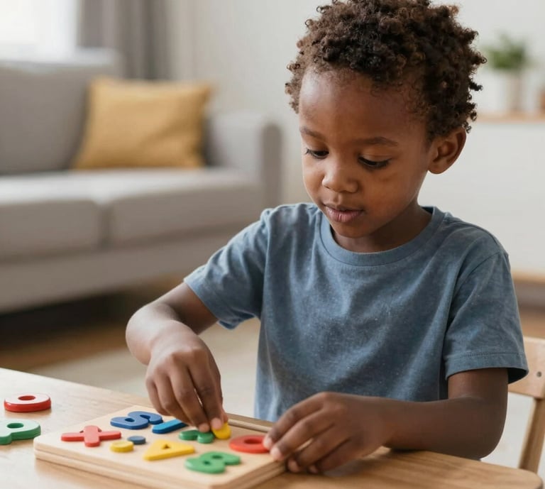 A joyful child playing with a colorful educational toy inspired by African culture in a bright, modern room.