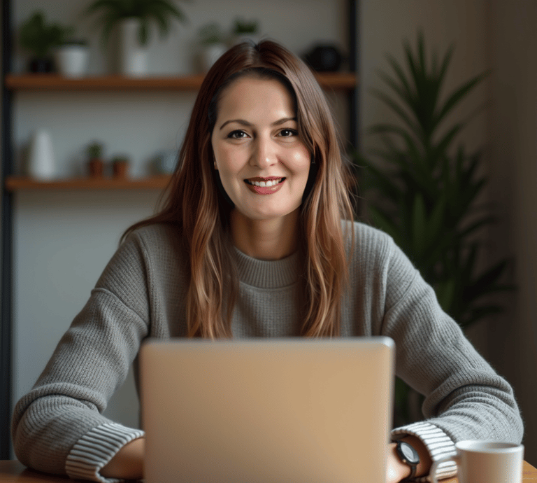 a photo of Sanem Aydın Yayla, working at home in  a casual outfit.
