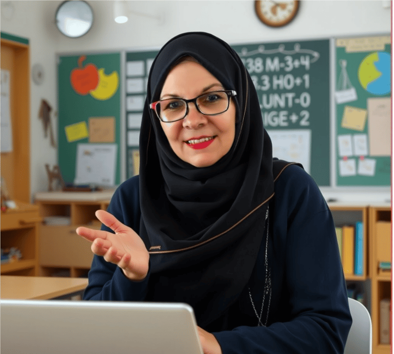 a woman in a black hijab wearing glasses and smiling
