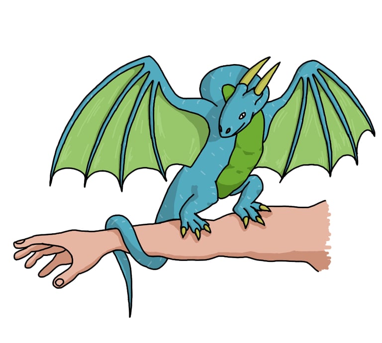 drawing of a dragon sat on an arm