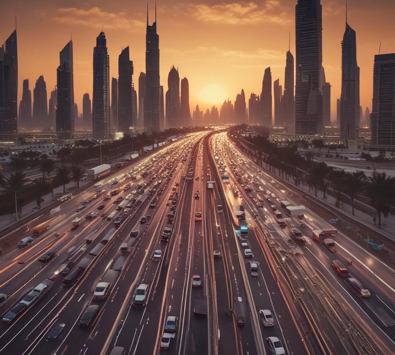 Luxury cars parked with Dubai city skyline in background