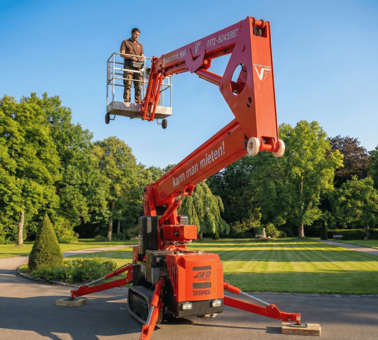Schreinermeister Ferdinand Volk im angehobenen Korb einer roten Raupen-Arbeitsbühne in einer sonnigen Parkanlage.