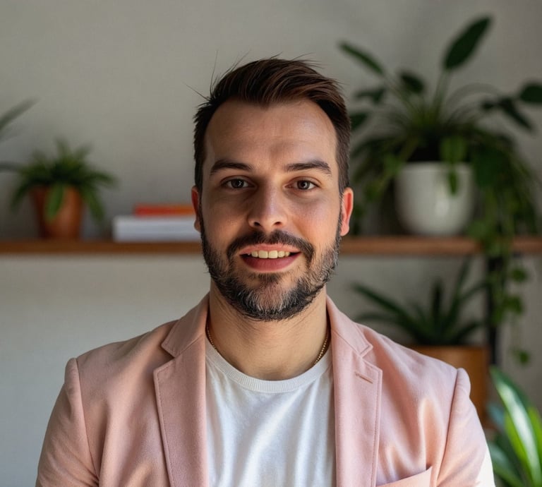 A photo of Nick in an office wearing a pink jacket and white tshirt
