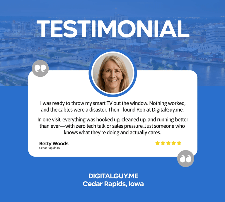 Testimonial graphic from Cedar Rapids client praising smart TV fix and no-pressure tech service.
