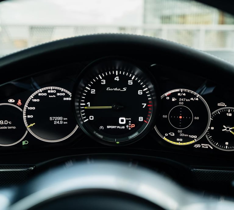 an Enlab Porsche 911 Turbo S dashboard with a dashboard with a clock and a clock