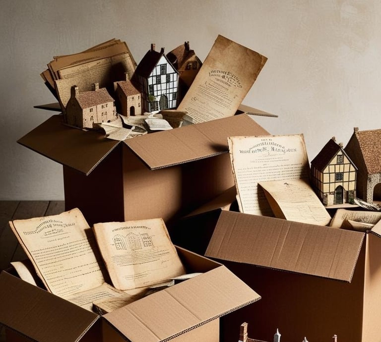 An AI generated image of miniature houses and archival papers spilling out of cardboard boxes