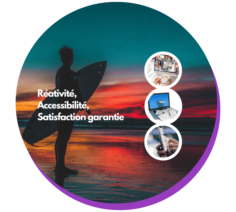 Homme avec une planche de surf à la plage, affichage de différents de moyens de communication