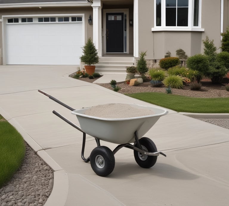 A friendly contractor smoothing fresh concrete on a sunny suburban driveway.