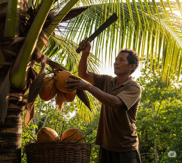 Indonesian farmer inspecting coconuts on a palm tree, symbolizing Coco Nusa Indo's direct sourcing a