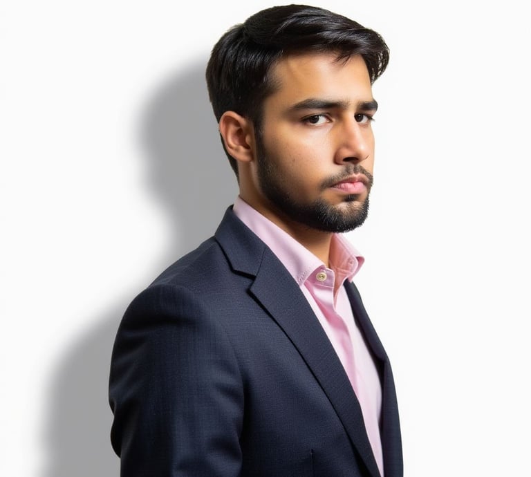 Image of Danish wearing a navy pinstriped suit with a pale pink dress shirt