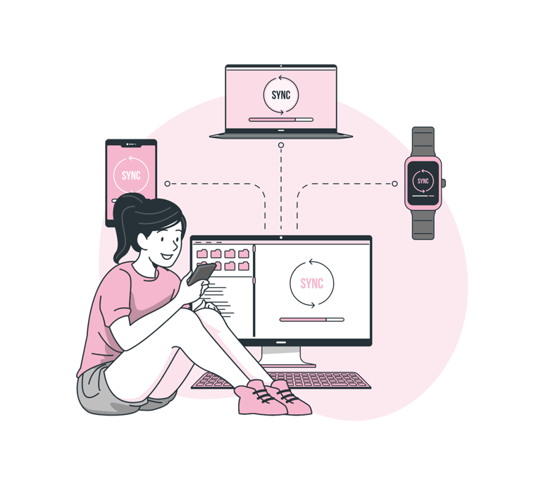 a girl learning how to use her wireless phone, watch, laptop, computer and how to link them together