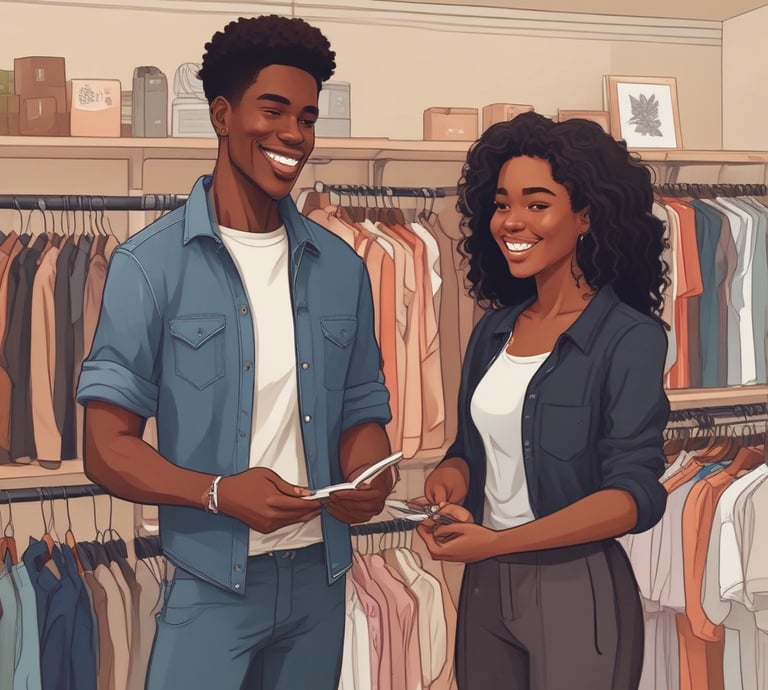 a man and woman standing in a clothing store